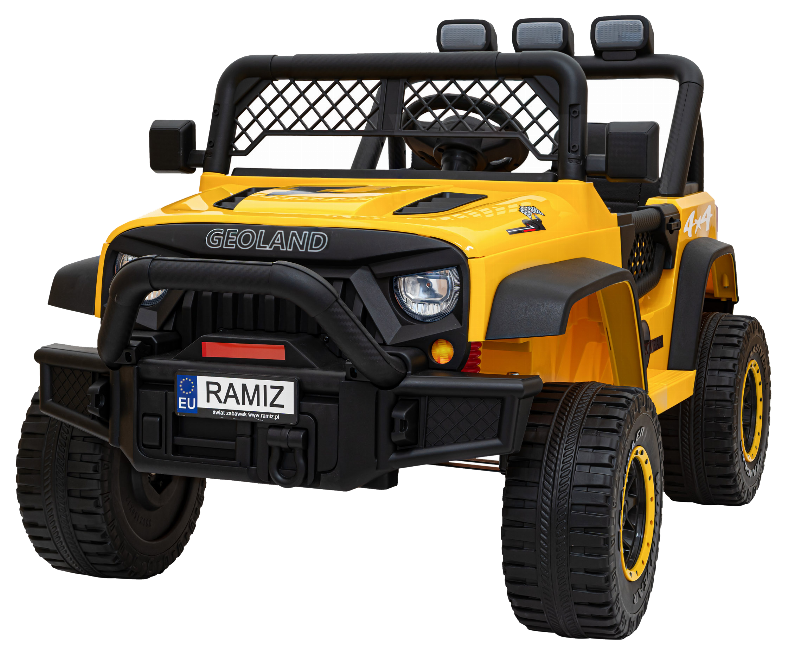 Autko terenowe Geoland Power dla 2 dzieci Żółty + Pilot + Silniki 2x200W + Bagażnik + Radio MP3 + LED
